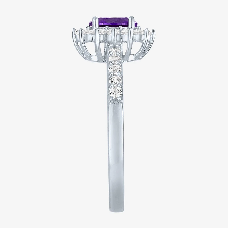 Yes, Please! Womens Lab Created Purple Amethyst Sterling Silver Oval Halo Side Stone Cocktail Ring