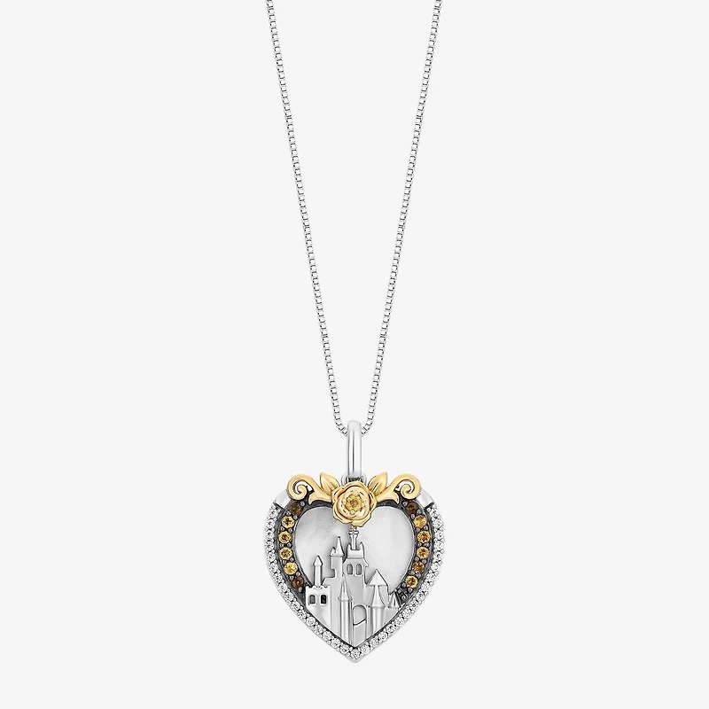 Enchanted Disney Fine Jewelry Belle (I, I2) Womens 1/10 CT. T.W. Genuine White Mother Of Pearl 14K Gold Over Silver Sterling Silver Heart 18 Inch Pendant Necklace