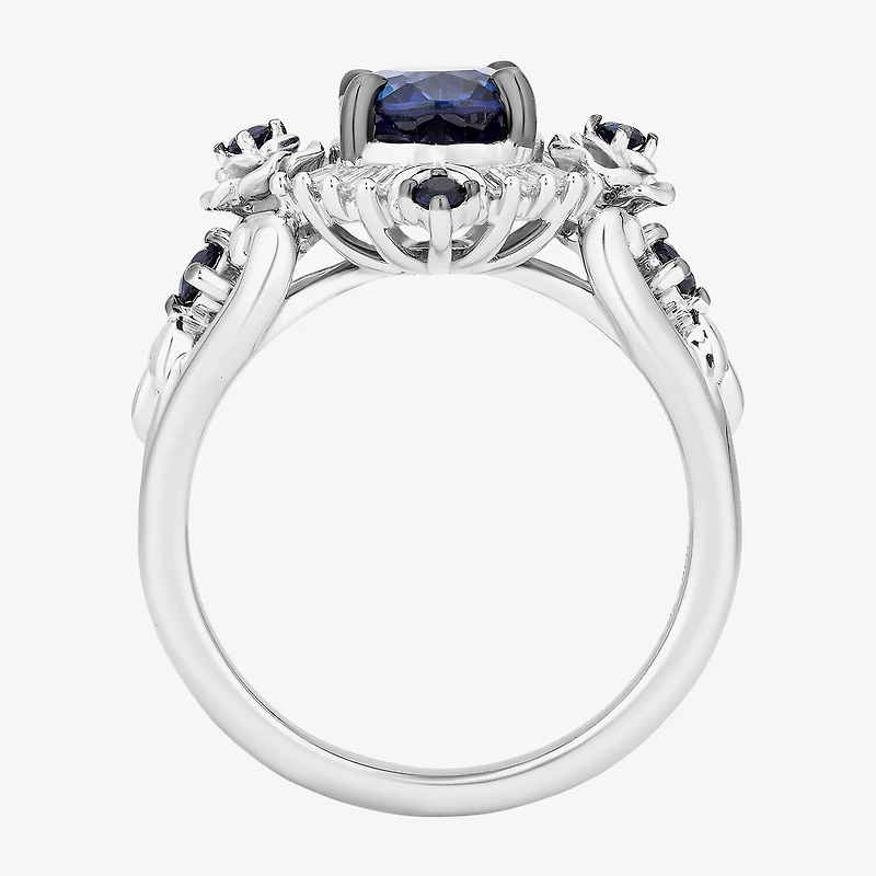 Enchanted Disney Fine Jewelry Cinderella(F, Si1) Womens Lab Created Blue Sapphire Sterling Silver Oval Cinderella Cocktail Ring