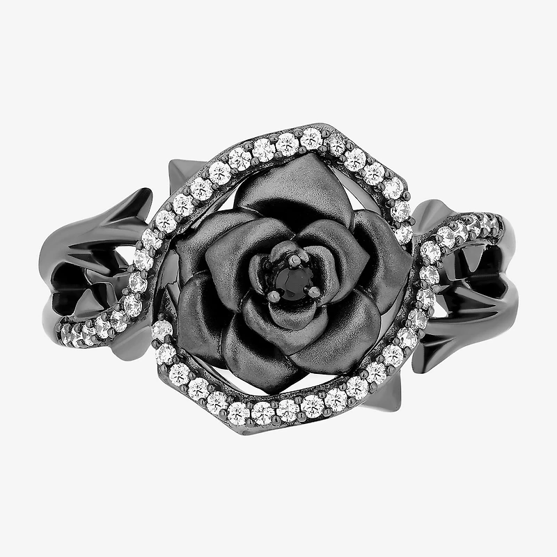 Maleficent (I, I2) Womens 1/5 CT. Genuine Black Spinel Sterling Silver Round Crossover Cocktail Ring