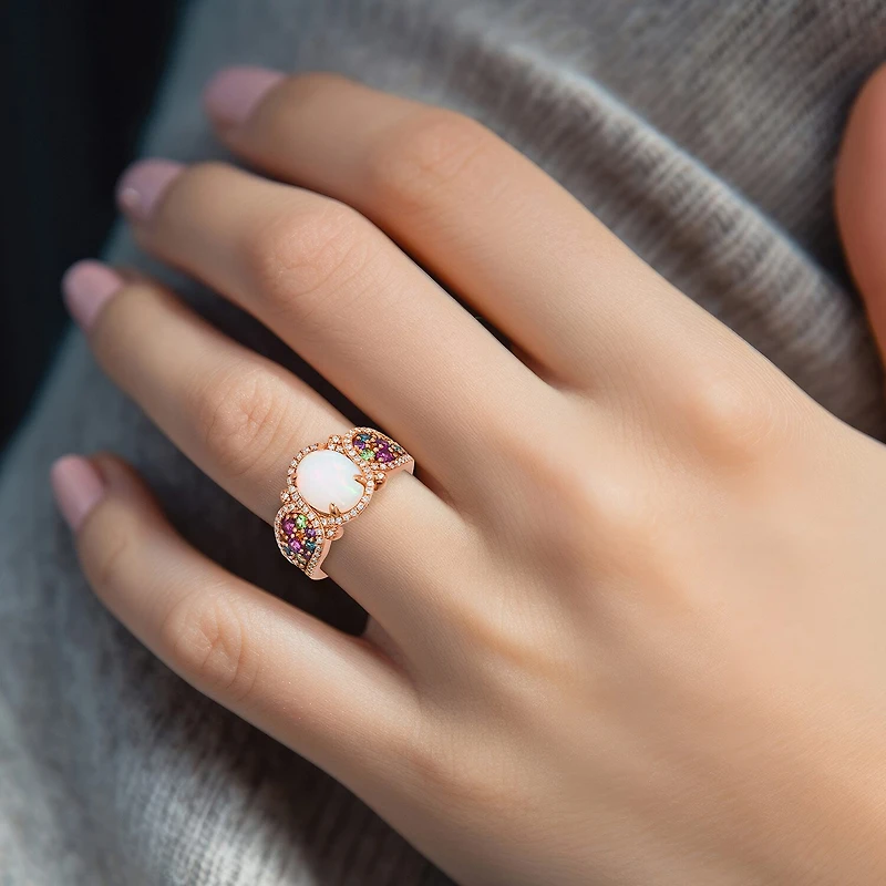 Le Vian Genuine Opal, Rhodialite, Amethyst, Tanzinite & 1/4 ct. t.w. Natural Diamond Rainbow Side Cocktail Ring 14K Rose Gold