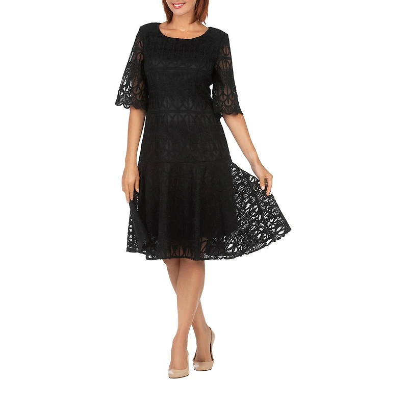 Giovanna Signature Womens Midi Round Neck Short Sleeve Lace Fit + Flare Dress