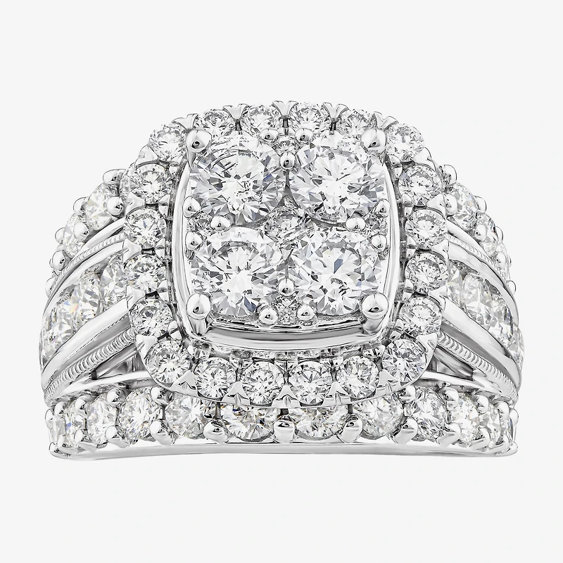 (Vs2) Womens 4 CT. T.W. Lab Grown White Diamond 10K Gold Cushion Side Stone Engagement Ring