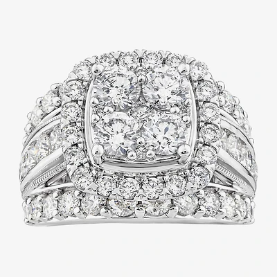 (Vs2) Womens 4 CT. T.W. Lab Grown White Diamond 10K Gold Cushion Side Stone Engagement Ring