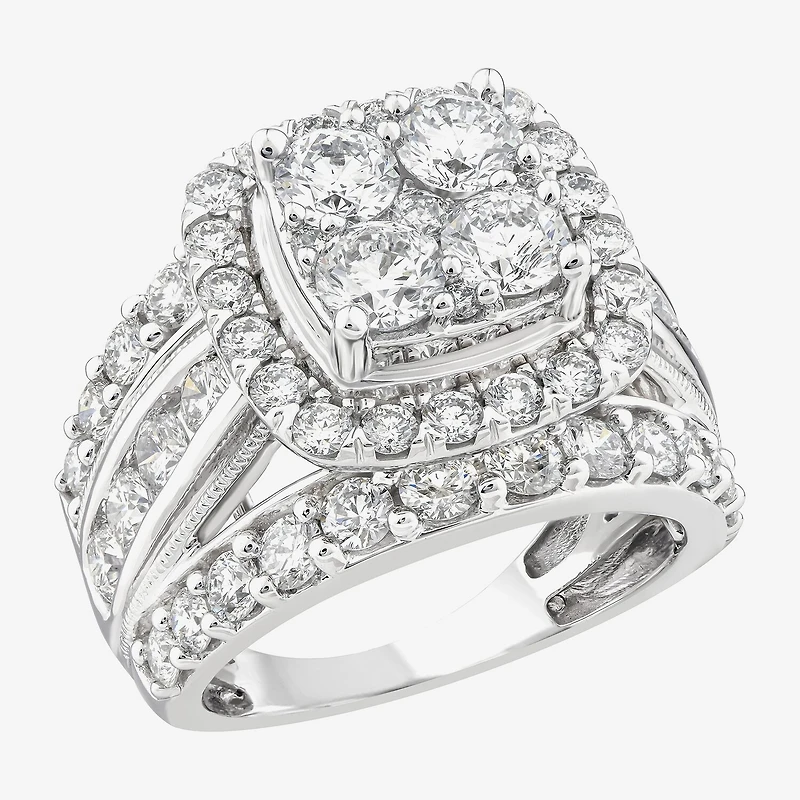 (Vs2) Womens 4 CT. T.W. Lab Grown White Diamond 10K Gold Cushion Side Stone Engagement Ring