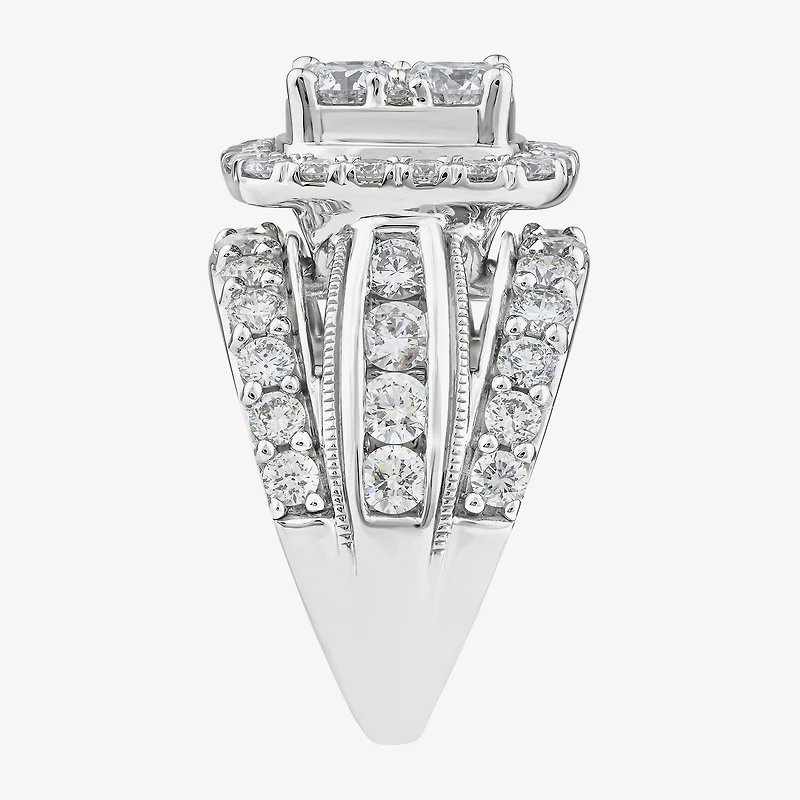 (Vs2) Womens 4 CT. T.W. Lab Grown White Diamond 10K Gold Cushion Side Stone Engagement Ring