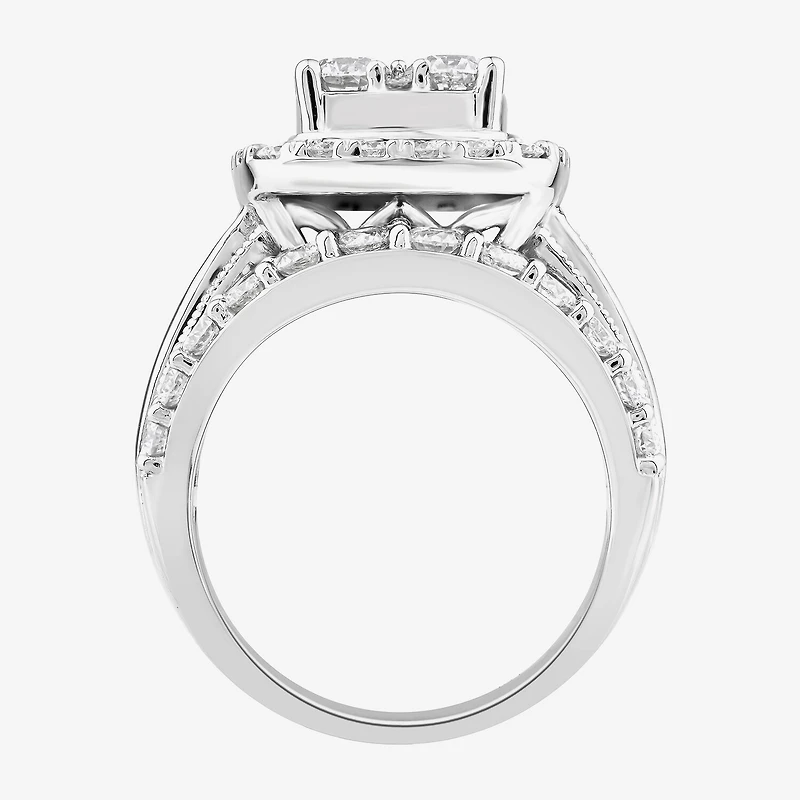 (Vs2) Womens 4 CT. T.W. Lab Grown White Diamond 10K Gold Cushion Side Stone Engagement Ring