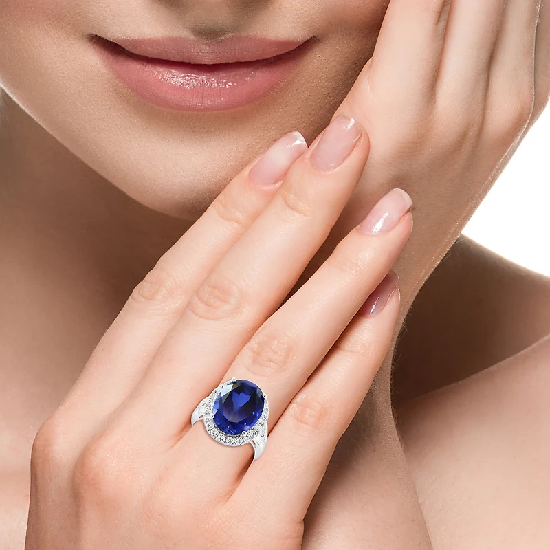 Effy Final Call Womens 7/8 CT. T.W. Lab Created Blue Sapphire 14K Gold Oval Halo Cocktail Ring