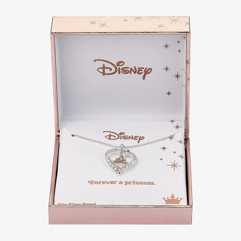 Disney Classics Womens Cubic Zirconia Pure Silver Over Brass Crown Heart 16 Inch Pendant Necklace