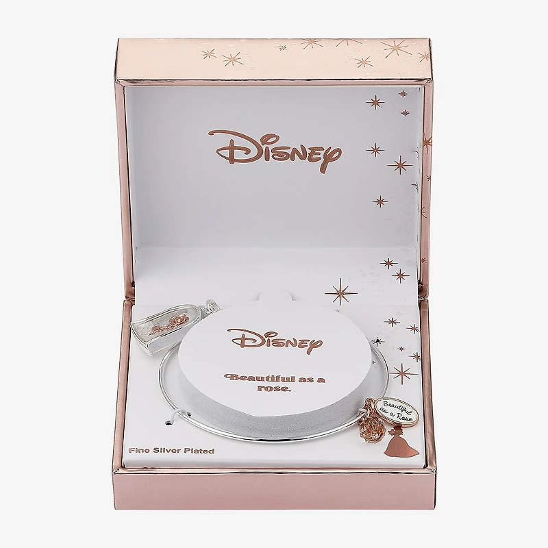 Disney Classics Womens Cubic Zirconia Pure Silver Over Brass Flower Beauty and the Beast Belle Princess Bangle Bracelet