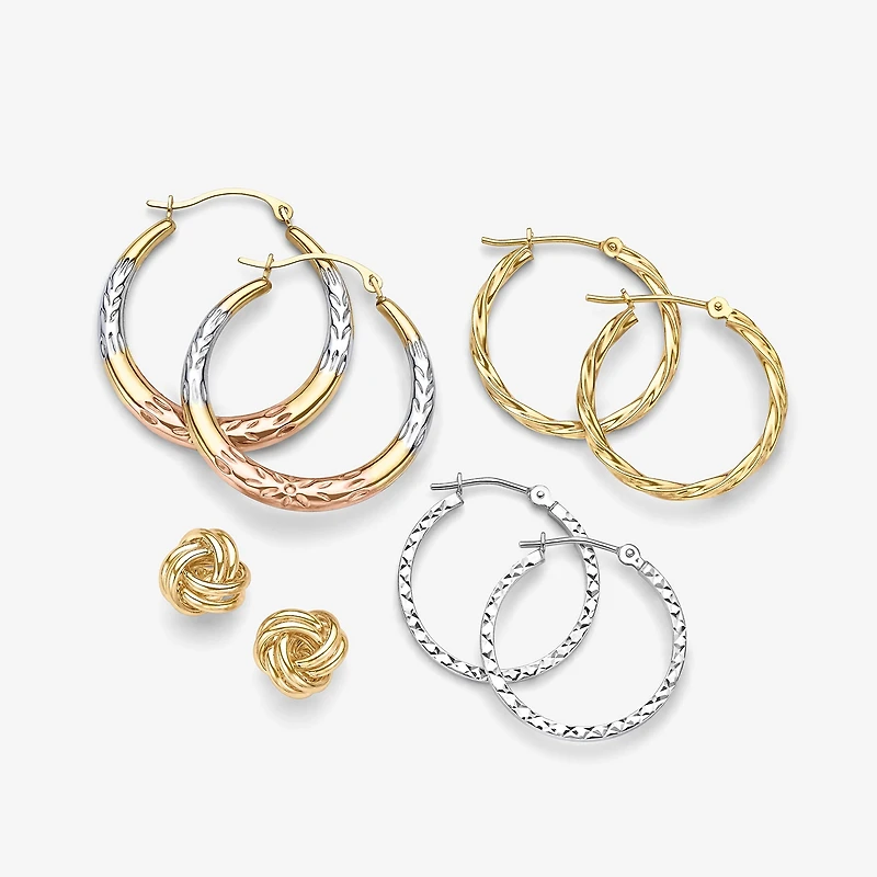 14K Tri-Tone Gold Diamond-Cut Round Hoop Earrings