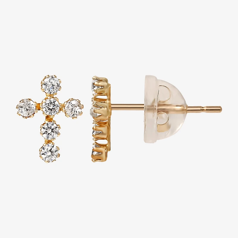 Cubic Zirconia 14K Gold 7.3mm Cross Stud Earrings