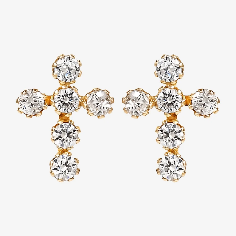 Cubic Zirconia 14K Gold 7.3mm Cross Stud Earrings
