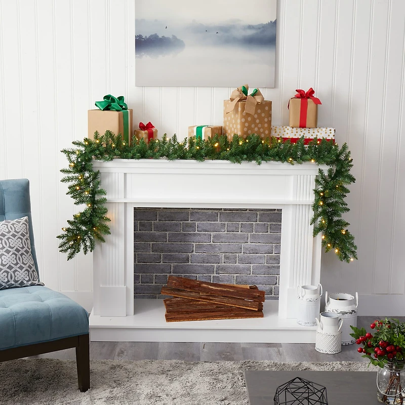 Nearly Natural 9ft. Christmas Pine Artificial Garland With 50 Warm White Led Lights Pre-Lit Wreath
