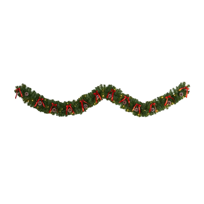 Nearly Natural 9ft. Bow And Pinecone Artificial Garland With 35 Clear Led Lights Pre-Lit Wreath