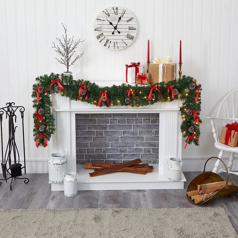 Nearly Natural 9ft. Bow And Pinecone Artificial Garland With 35 Clear Led Lights Pre-Lit Wreath