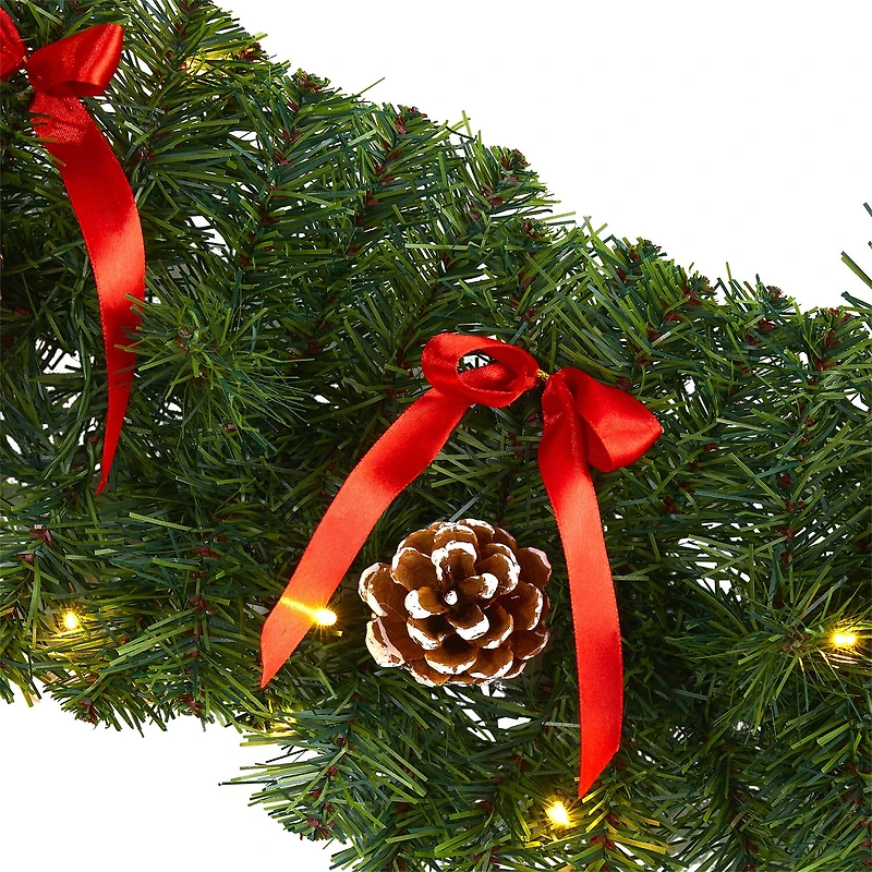 Nearly Natural 9ft. Bow And Pinecone Artificial Garland With 35 Clear Led Lights Pre-Lit Wreath