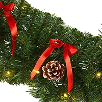 Nearly Natural 9ft. Bow And Pinecone Artificial Garland With 35 Clear Led Lights Pre-Lit Wreath