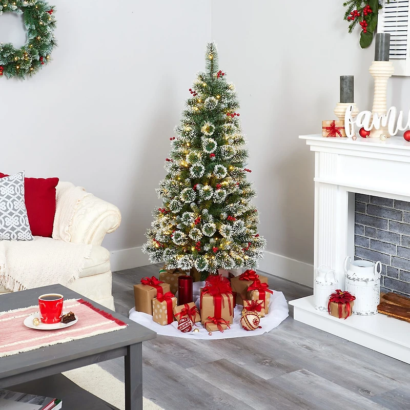 Nearly Natural 5 Foot Flocked Frosted Swiss Pine With Berries And 200 Clear Led Lights Pre-Lit Artificial Christmas Tree