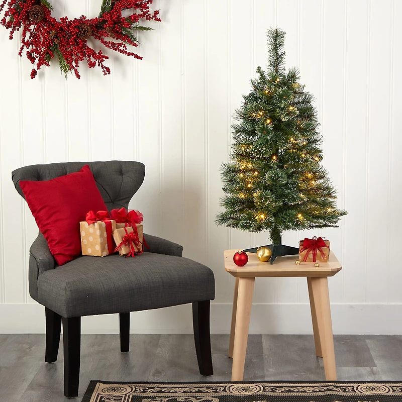 Nearly Natural 3 Foot Flocked Pine Pre-Lit Christmas Tree