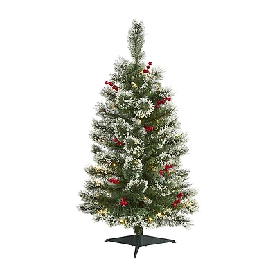 Nearly Natural 3 Foot Flocked Pine Pre-Lit Christmas Tree