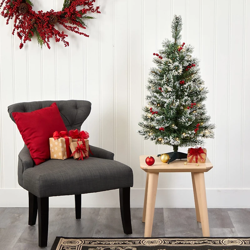 Nearly Natural 3 Foot Flocked Pine Pre-Lit Christmas Tree
