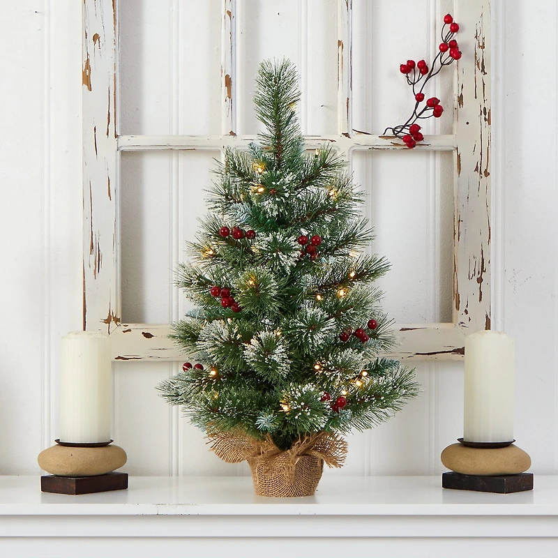 Nearly Natural 2 Foot Flocked Pine Pre-Lit Christmas Tree