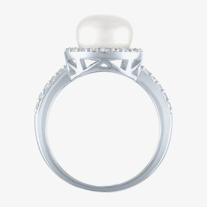 Womens 9MM White Cultured Freshwater Pearl Sterling Silver Round Halo Side Stone Cocktail Ring