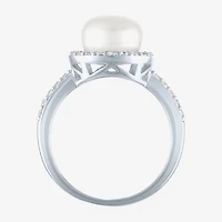 Womens 9MM White Cultured Freshwater Pearl Sterling Silver Round Halo Side Stone Cocktail Ring