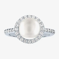 Womens 9MM White Cultured Freshwater Pearl Sterling Silver Round Halo Side Stone Cocktail Ring
