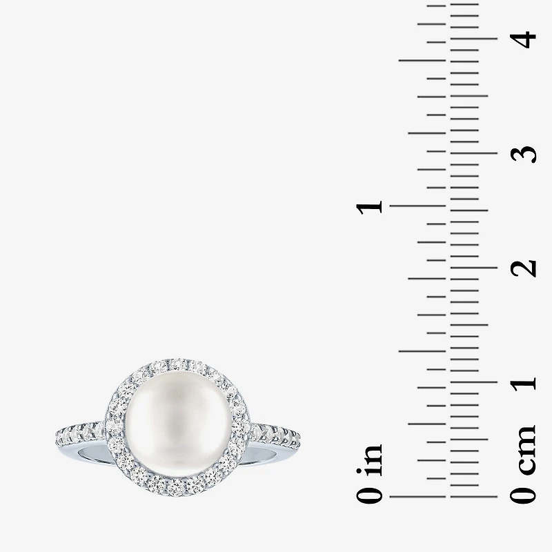 Womens 9MM White Cultured Freshwater Pearl Sterling Silver Round Halo Side Stone Cocktail Ring