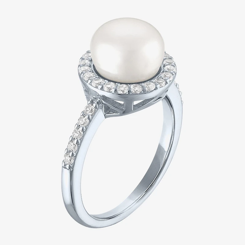 Womens 9MM White Cultured Freshwater Pearl Sterling Silver Round Halo Side Stone Cocktail Ring
