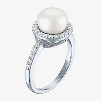 Womens 9MM White Cultured Freshwater Pearl Sterling Silver Round Halo Side Stone Cocktail Ring