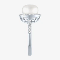 Womens 9MM White Cultured Freshwater Pearl Sterling Silver Round Halo Side Stone Cocktail Ring