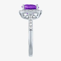 Womens Gemstone Sterling Silver Halo Cushion Cocktail Ring