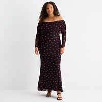 Premier Amour Womens Plus Off The Shoulder Long Sleeve Polka Dot Maxi Dress