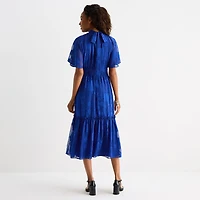 Melonie T Womens Midi Mock Neck Short Sleeve Raglan Fit + Flare Dress