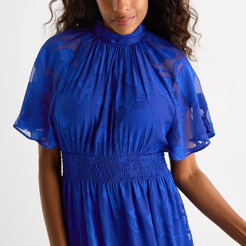 Melonie T Womens Midi Mock Neck Short Sleeve Raglan Fit + Flare Dress