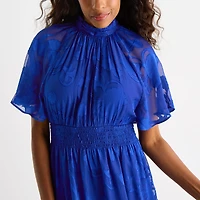 Melonie T Womens Midi Mock Neck Short Sleeve Raglan Fit + Flare Dress