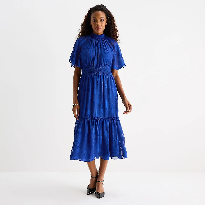 Melonie T Womens Midi Mock Neck Short Sleeve Raglan Fit + Flare Dress