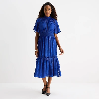 Melonie T Womens Midi Mock Neck Short Sleeve Raglan Fit + Flare Dress