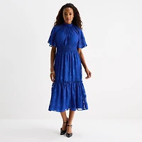 Melonie T Womens Midi Mock Neck Short Sleeve Raglan Fit + Flare Dress