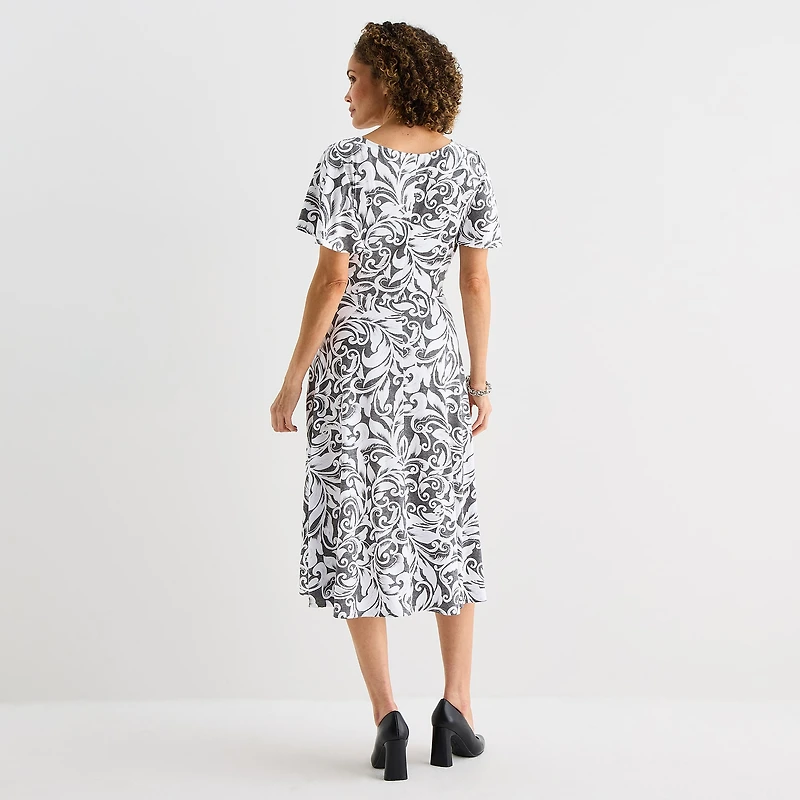 Perceptions Womens Midi Round Neck Short Sleeve Flutter Abstract Fit + Flare Dress