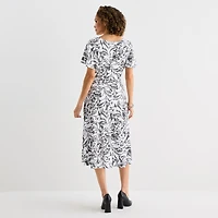 Perceptions Womens Midi Round Neck Short Sleeve Flutter Abstract Fit + Flare Dress