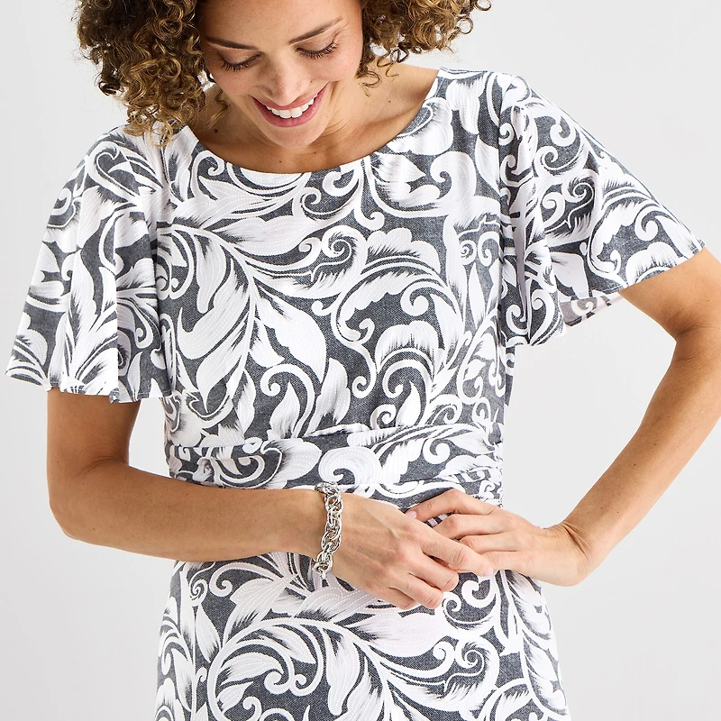 Perceptions Womens Midi Round Neck Short Sleeve Flutter Abstract Fit + Flare Dress