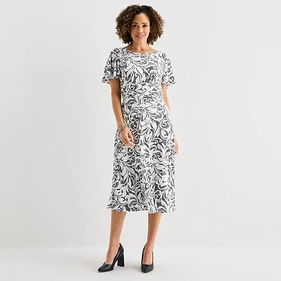 Perceptions Womens Midi Round Neck Short Sleeve Flutter Abstract Fit + Flare Dress