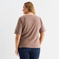 Liz Claiborne Womens Plus Boat Neck Elbow Sleeve Blouse