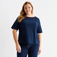 Liz Claiborne Womens Plus Boat Neck Elbow Sleeve Blouse