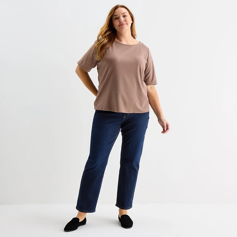 Liz Claiborne Womens Plus Boat Neck Elbow Sleeve Blouse