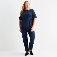 Liz Claiborne Womens Plus Boat Neck Elbow Sleeve Blouse